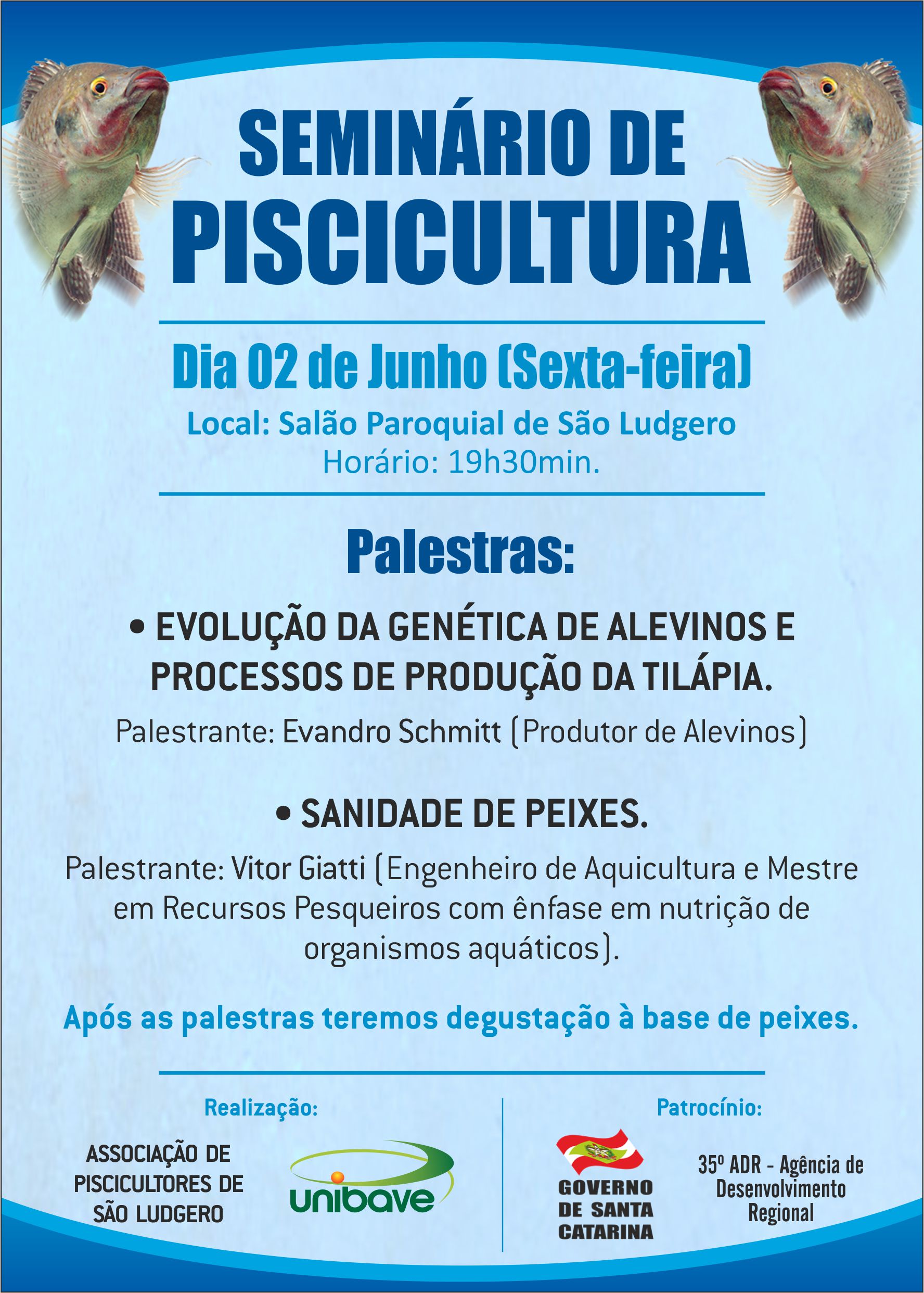 Seminário de Piscicultura acontece sexta-feira (2 de junho) no Salão Paroquial da Igreja Matriz