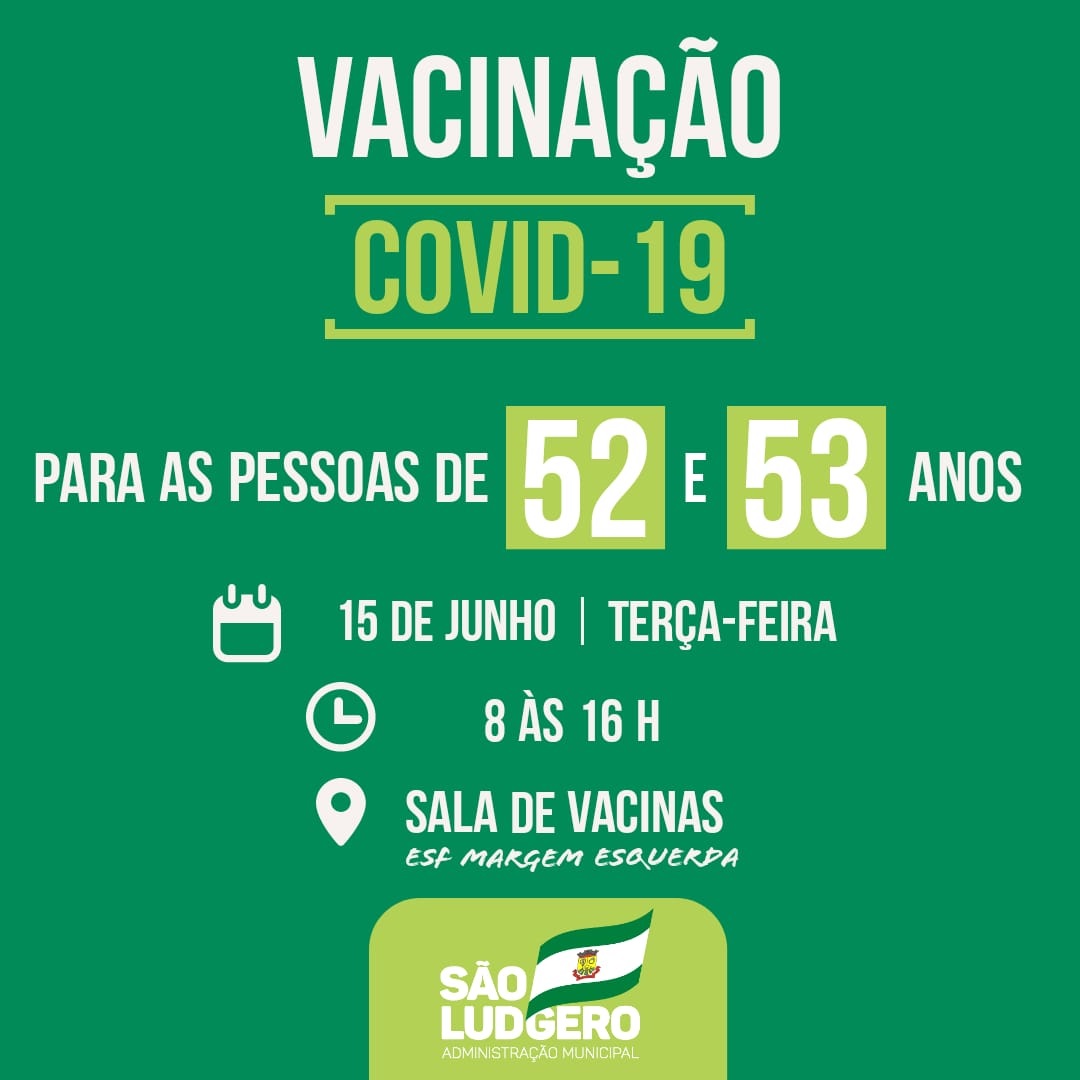 São Ludgero vacina contra Covid-19 pessoas com 52 e 53 anos sem comorbidades