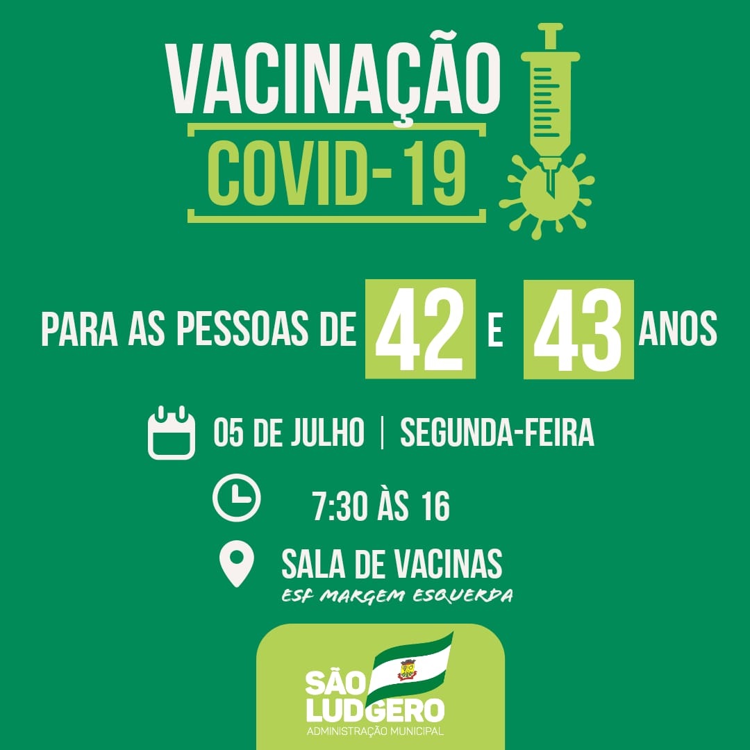São Ludgero vacina contra Covid-19 pessoas com 42 e 43 anos sem comorbidades