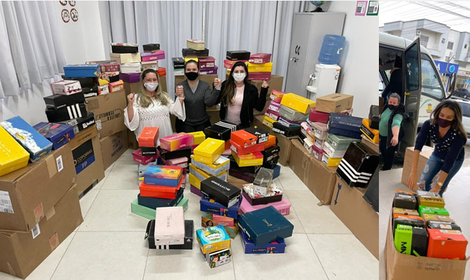 Loja Mundial Esportes e Calçados doa 465 pares de calçados para famílias assistidas pelo Cras de...