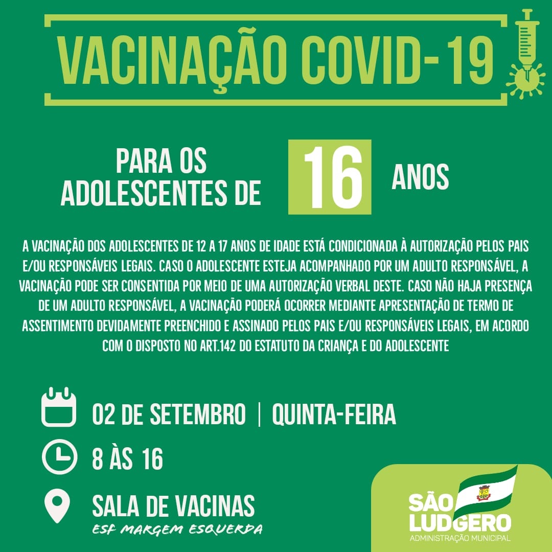 São Ludgero vacina contra Covid-19 os adolescentes com 16 anos