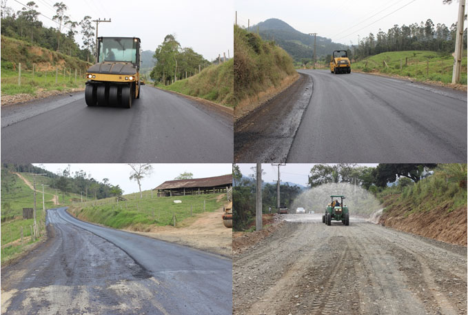Camada asfáltica está sendo colocada em mais um quilômetro na Estrada Geral Barra do Norte