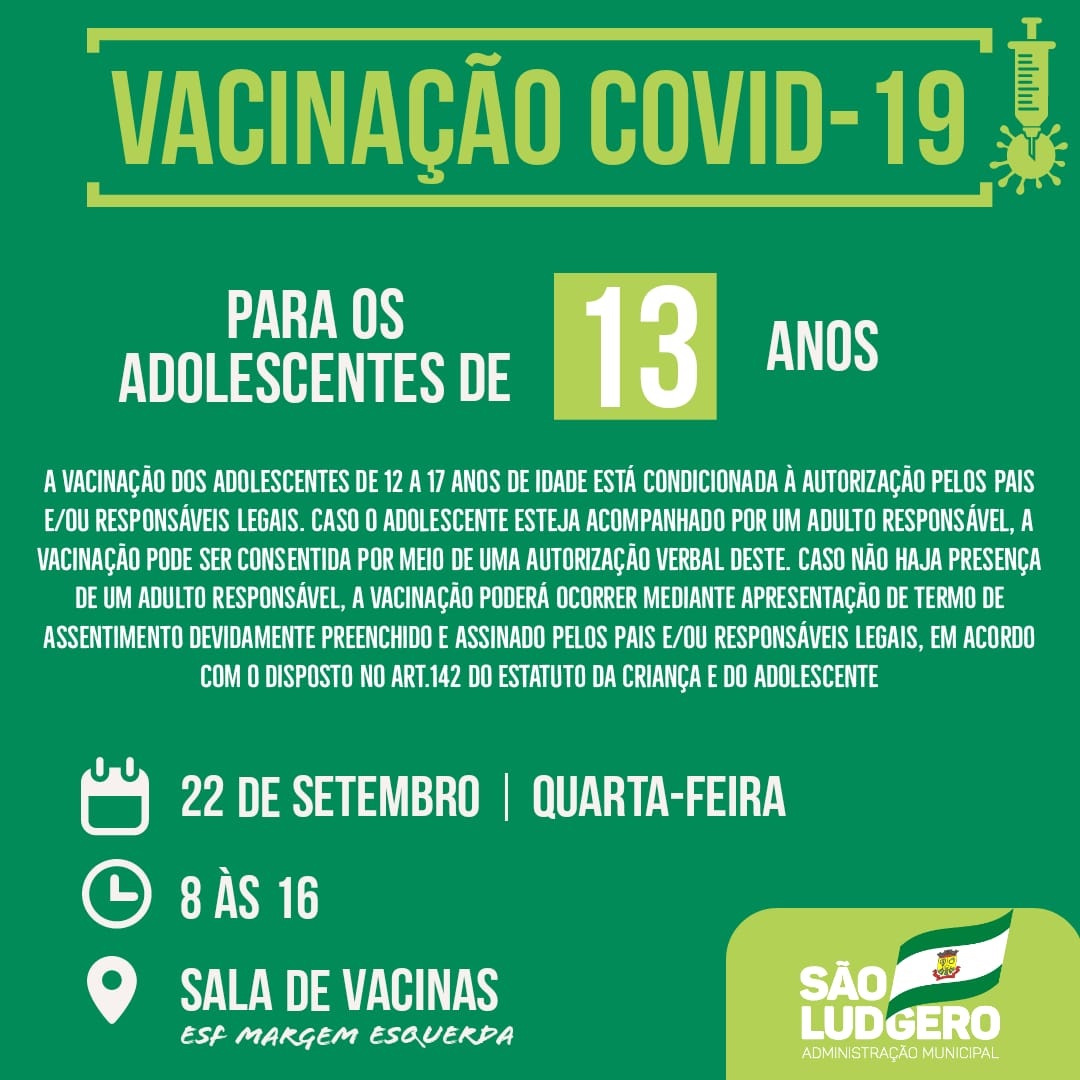 São Ludgero vacina contra Covid-19 adolescentes com 13 anos