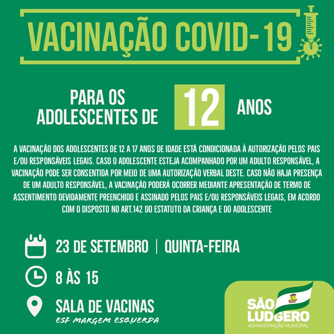 São Ludgero vacina contra Covid-19 adolescentes com 12 anos