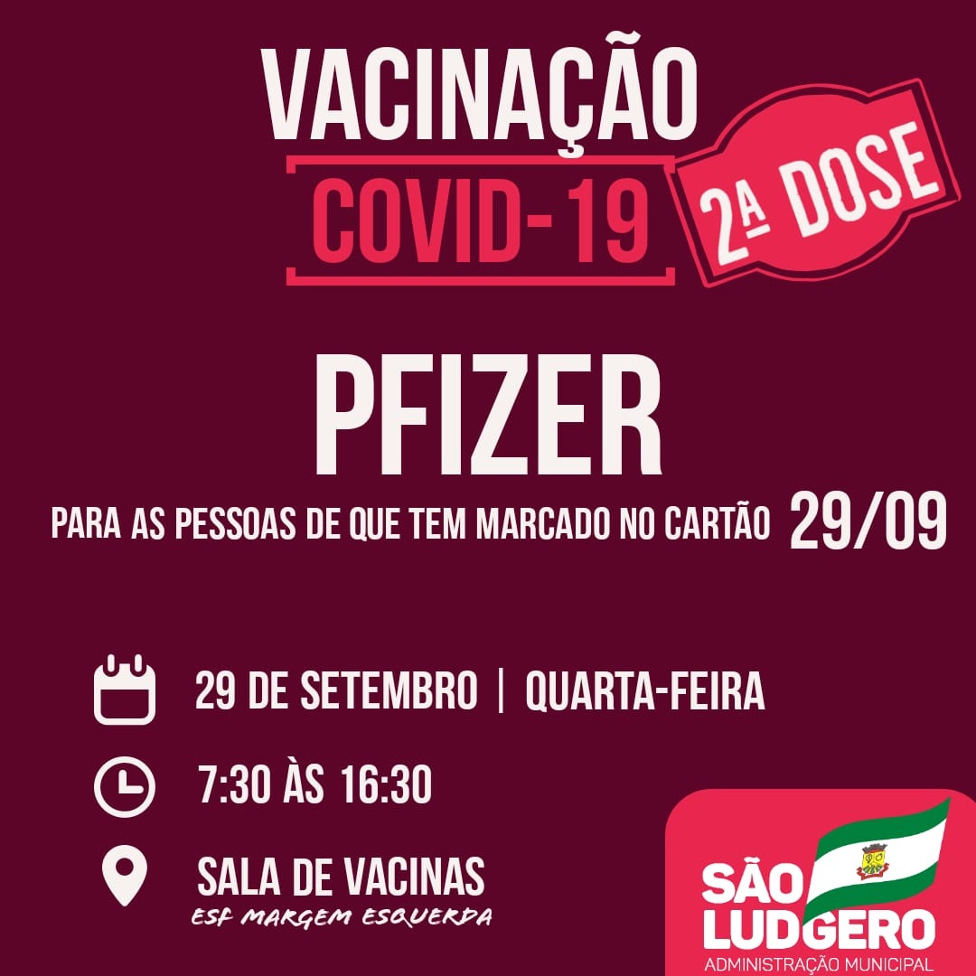 Pessoas agendadas para amanhã, quarta-feira, 29 de setembro, receberão a segunda dose da vacina...
