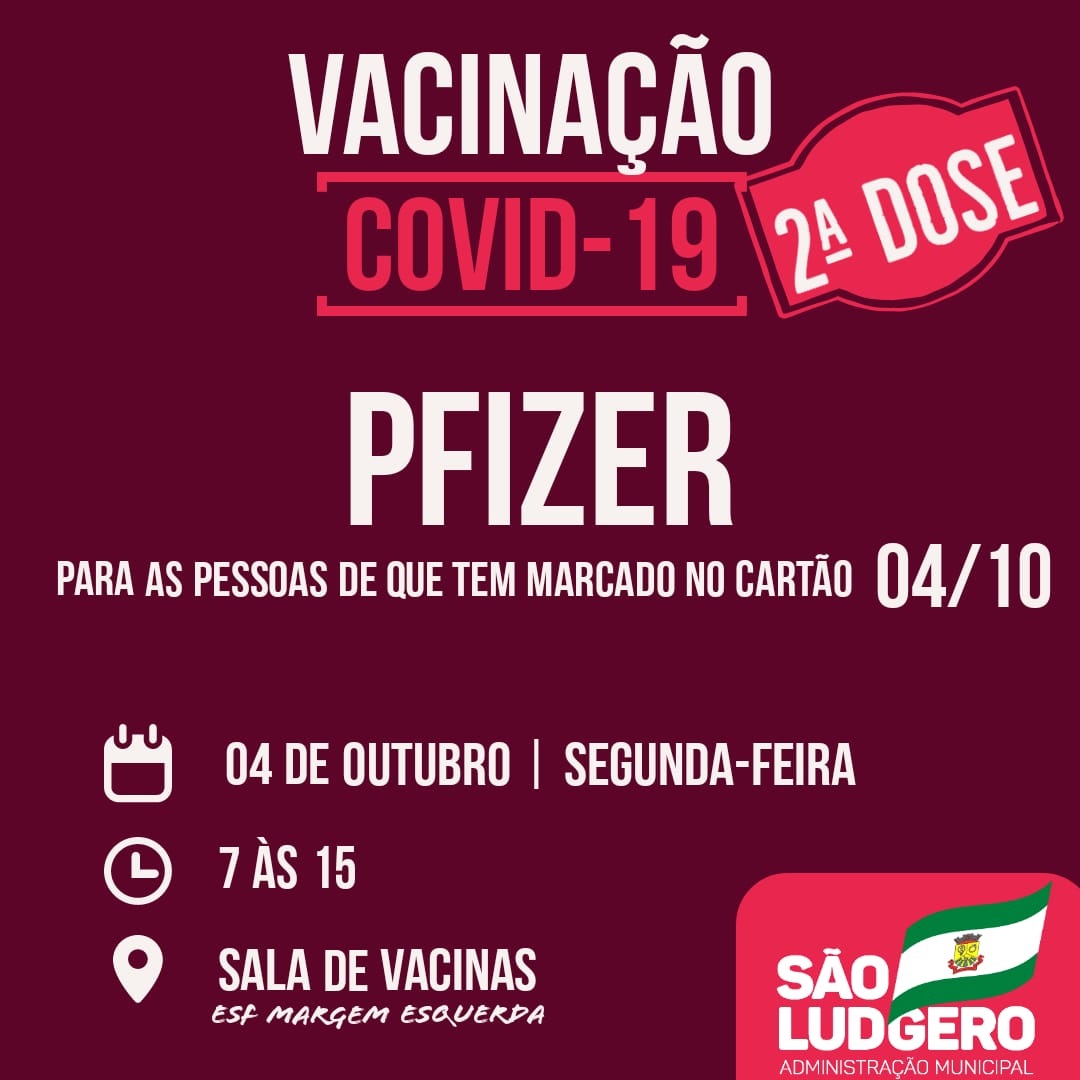 Pessoas agendadas para amanhã, segunda-feira, 4 de outubro, receberão a segunda dose da vacina...