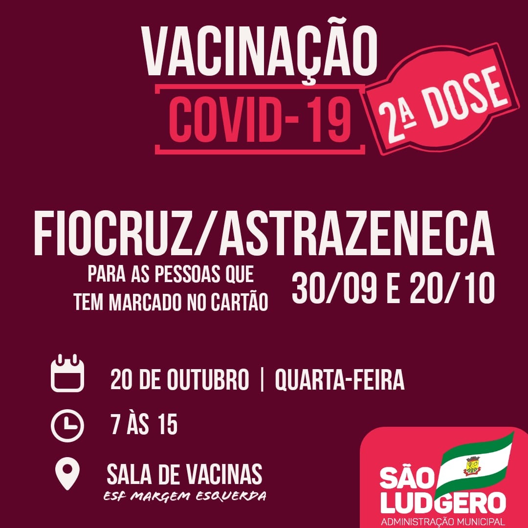Pessoas agendadas para os dias 30 de setembro e 20 de outubro recebem a segunda dose da vacina...