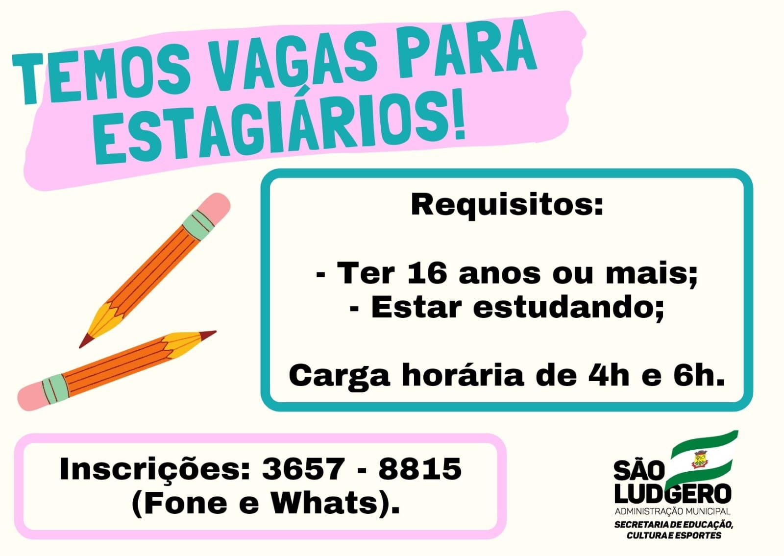 Secretaria de Educação, Cultura e Esportes tem vagas disponíveis para estágio remunerado