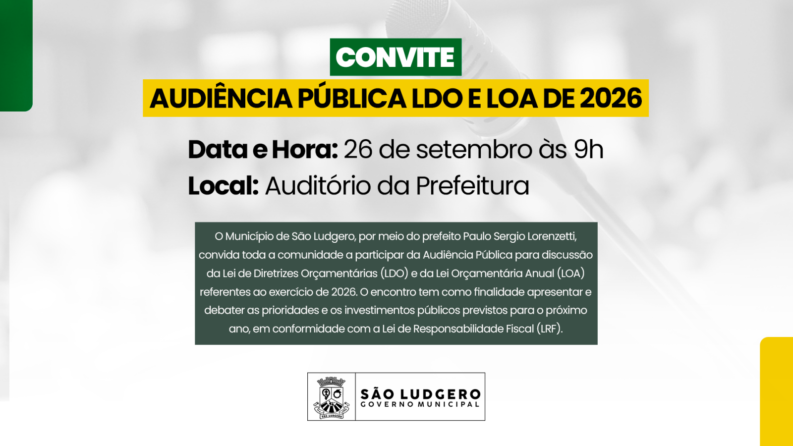 São Ludgero realizará Audiências Públicas sobre LDO, LOA 2026 e Prestação de Contas do 2º...